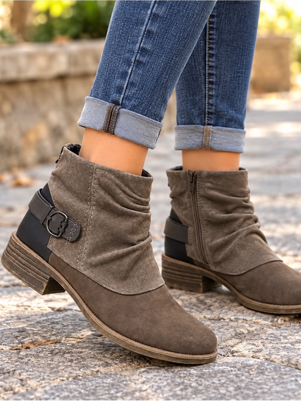 Earth Origins Gray Suede Brown PAIGE Ruched Ankle Booties with Buckle Accent 8.5